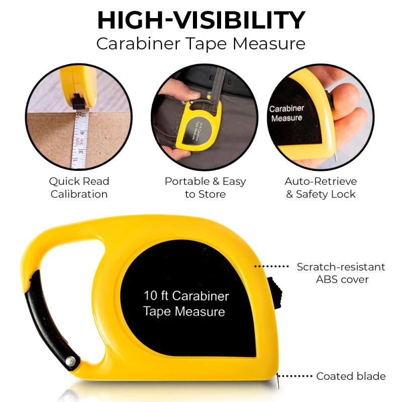 Carabiner Mini Tape Measure - Metric and Imperial 10 ft/ 300 cm - Metal Measuring Blade, Quick Read, Auto-Lock and Pocket Size, Shock Absorbent Case, Ideal for at Home and in Office Use - Image 2