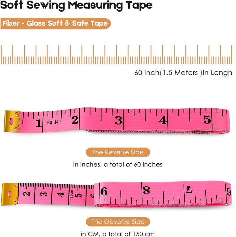 2 Pack Tape Measure Measuring Tape for Body Fabric Sewing Tailor Cloth Knitting Vinyl Home Craft Measurements, 60-Inch Soft Fashion Pink & Retractable Black Double Scales Rulers for Body Weight - Image 2