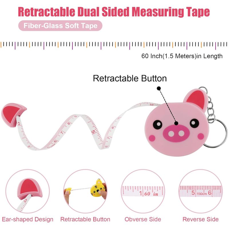 Tape Measure Body Measuring Tape, 3 Pcs Retractable Kids Fabric Measuring Tape, 60 Inch Animal Small Sewing Tape Measure for Craft Nursing Medical Travel(Pink/Green/Yellow) - Image 2